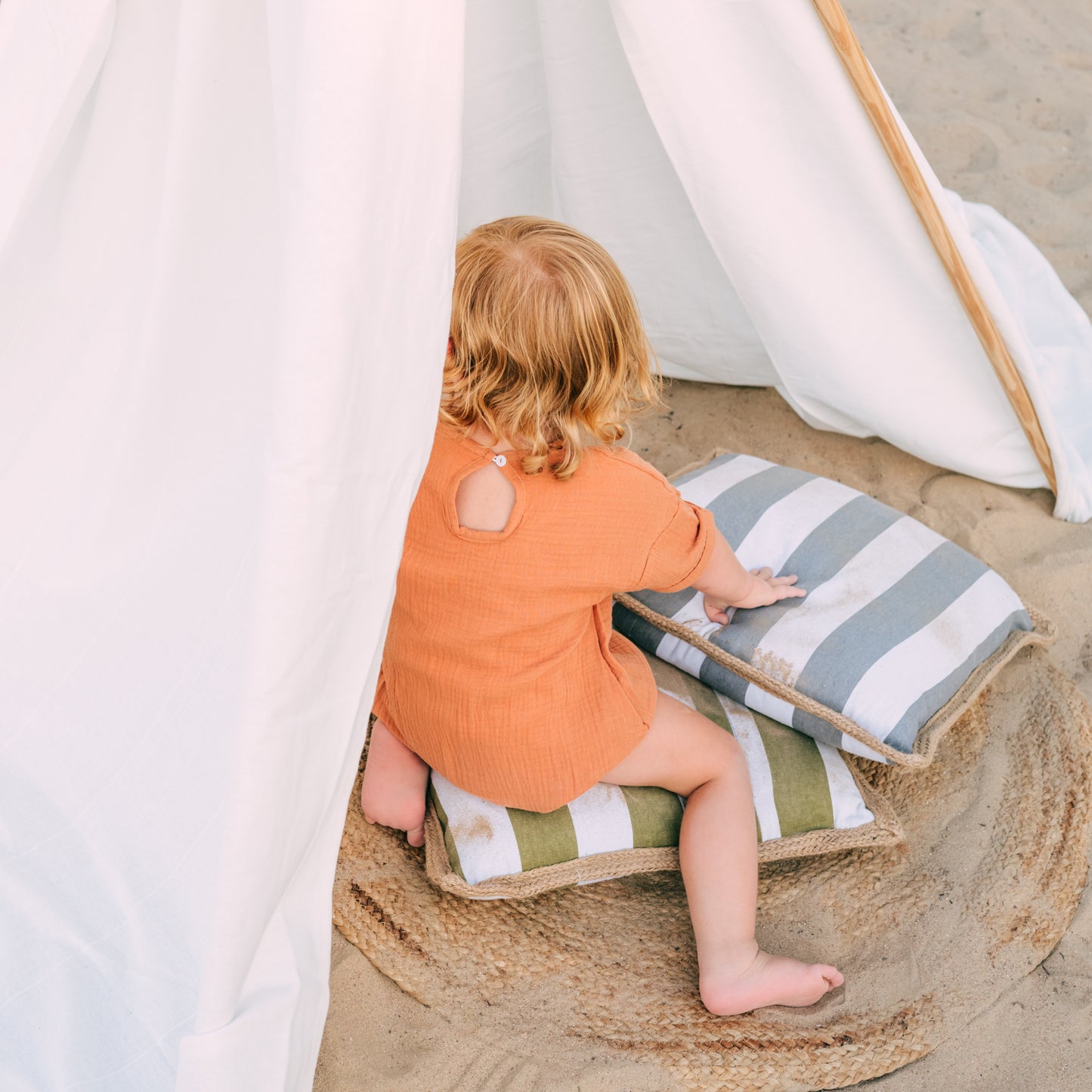 Riley Bubble Hem Organic Cotton Romper in Burnt Orange